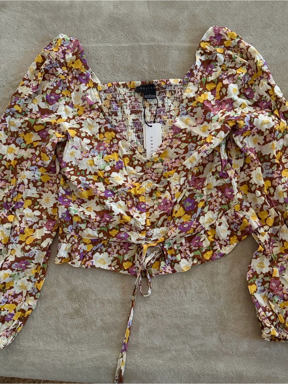 Sanctuary Floral Puff-Sleeve Tie-Front Top - White, Yellow, Purple, Brown